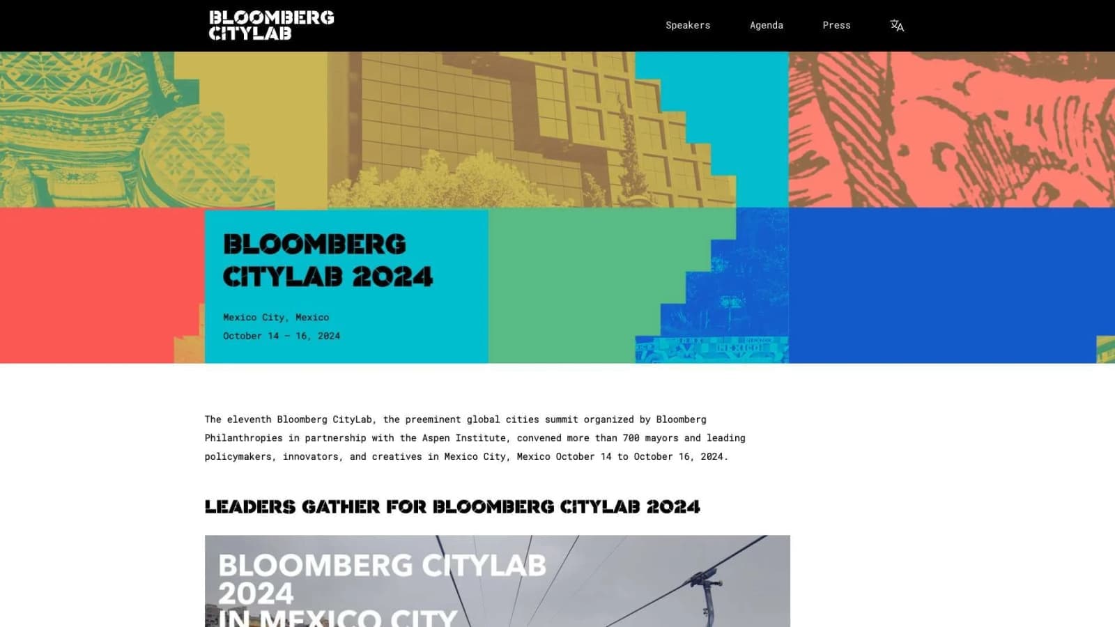 Bloomberg CityLab 2024 event page with a colorful collage banner announcing the summit in Mexico City on October 14–16, 2024.